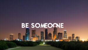 Houston electricity Skyline with the text 'Be Someone' floating above.