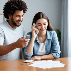 A couple speak over the phone to their Electric Company Texas.