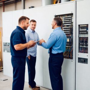 Businessman and Electrician from Texas Electric Company speaking with customer.