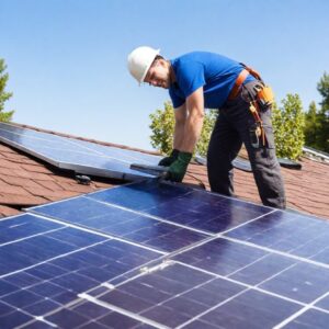 Worker installing solar panels on a roof.